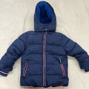 Mini Boden Hooded Puffer Jacket Sz 4-5 Navy Blue Red Sherpa Zippered Pockets